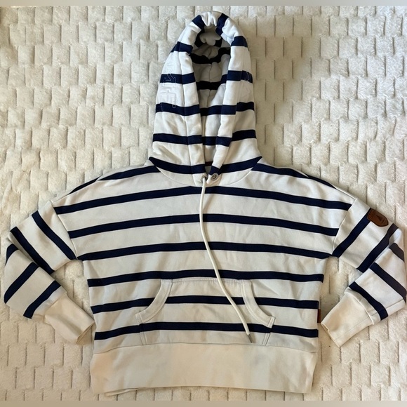 Wanakome Layna Women’s Cropped Hoodie XS White Navy Stripe Kangaroo Pocket - Picture 2 of 8